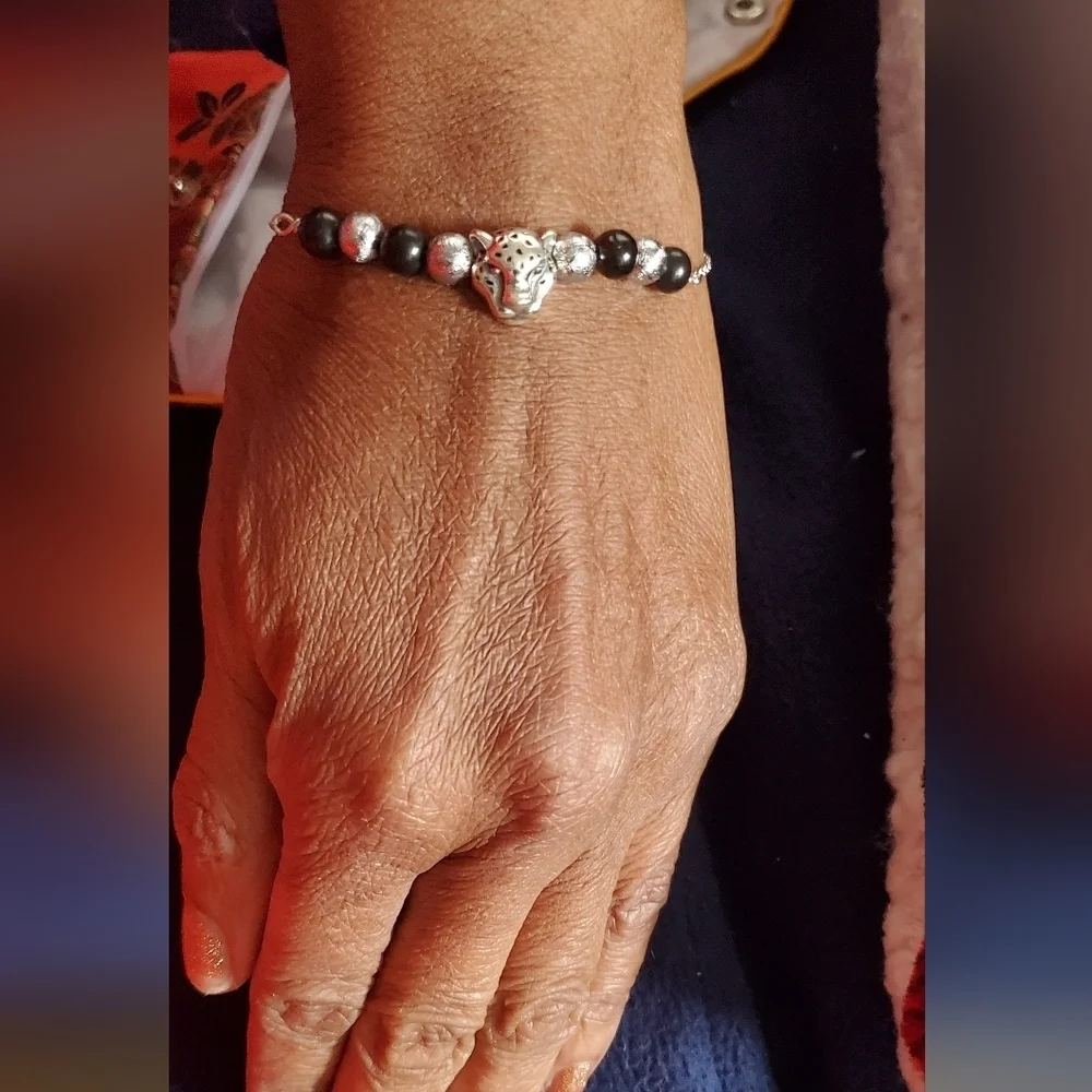 Shungite Leopard Head Sterling Silver Bracelet